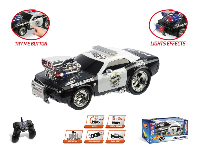  Works with: 6 AA Batteries Included  Full Function   Light and Sound Effects   Hard Body   Speed 15 km/h  mondo R/C Hot Wheels Police Pursuit cm.30 